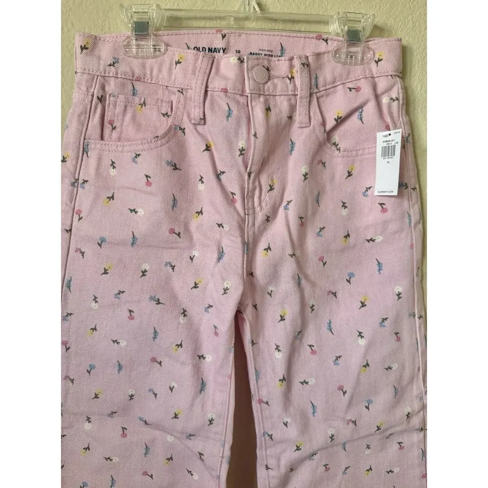 Old Navy Floral Printed High Waisted Baggy Wide Leg Girls Jeans Pants Size 10